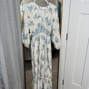 Bohemian Floral Maxi Dress in Soft Blue and Cream